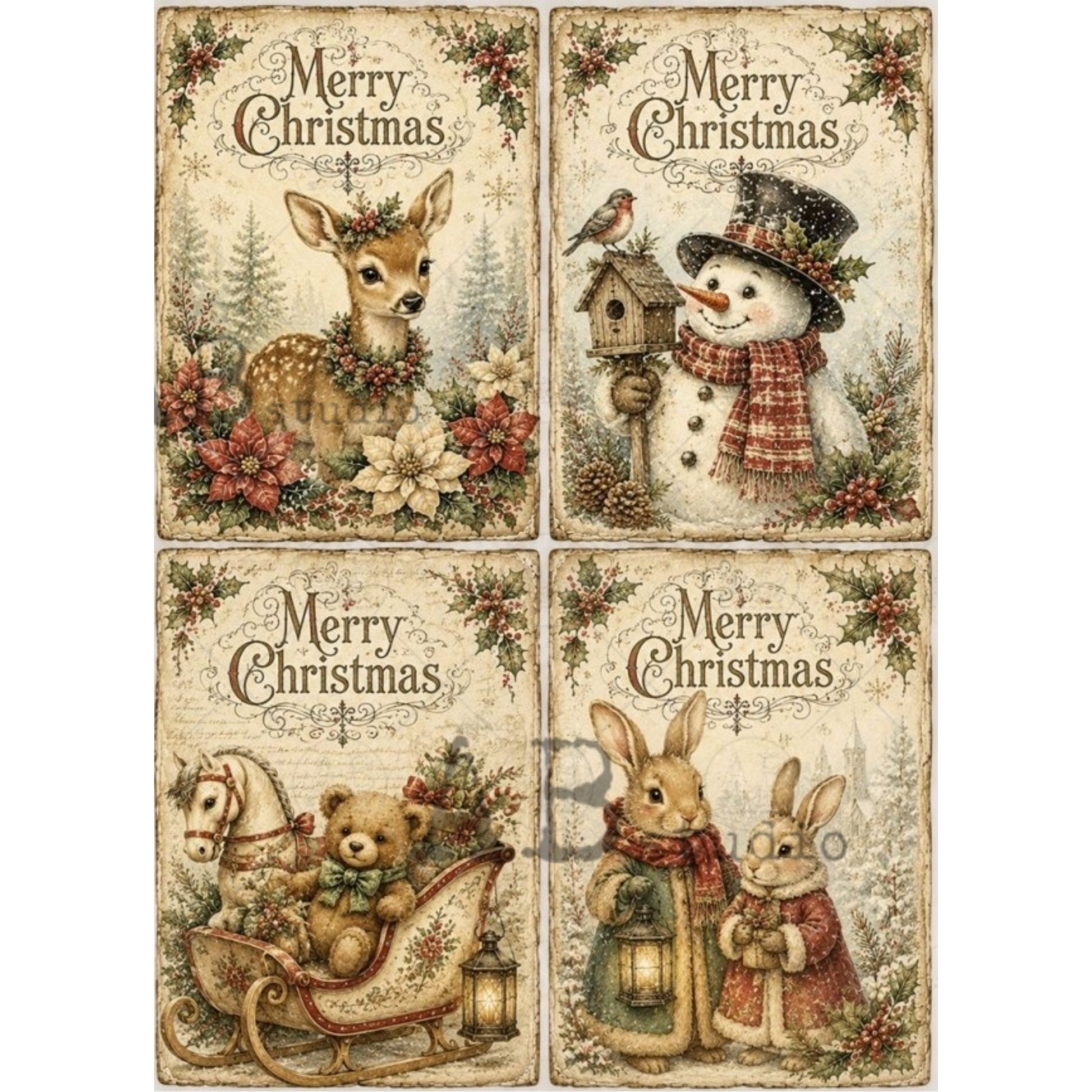 Four vintage Christmas images, each with 'Merry Christmas' lettering and different festive illustrations: a deer, a snowman, a teddy bear in a sleigh, and two rabbits.