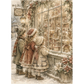 A vintage-style illustration of two children in winter clothing standing outside a snowy toy shop window, looking at teddy bears and toys displayed inside. The scene is decorated with snow, evergreen garlands, warm lantern light, and floral arrangements.