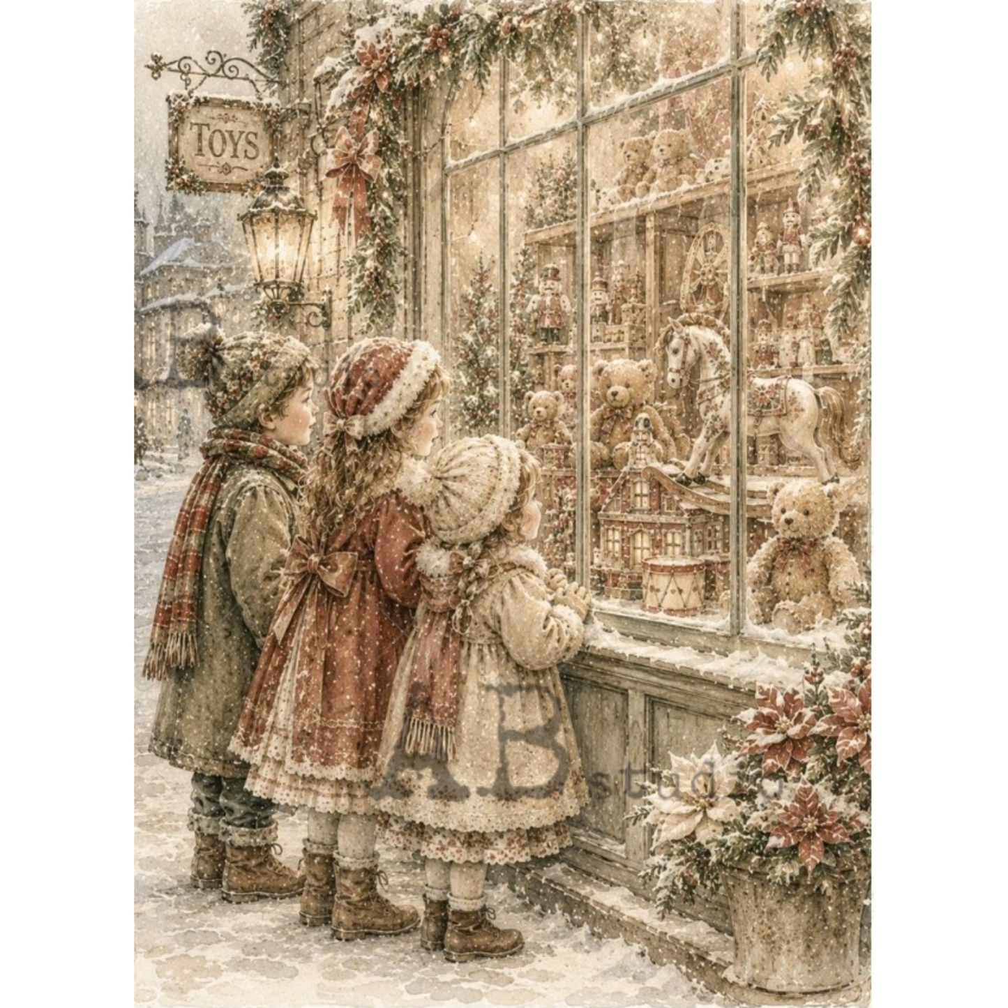 A vintage-style illustration of two children in winter clothing standing outside a snowy toy shop window, looking at teddy bears and toys displayed inside. The scene is decorated with snow, evergreen garlands, warm lantern light, and floral arrangements.