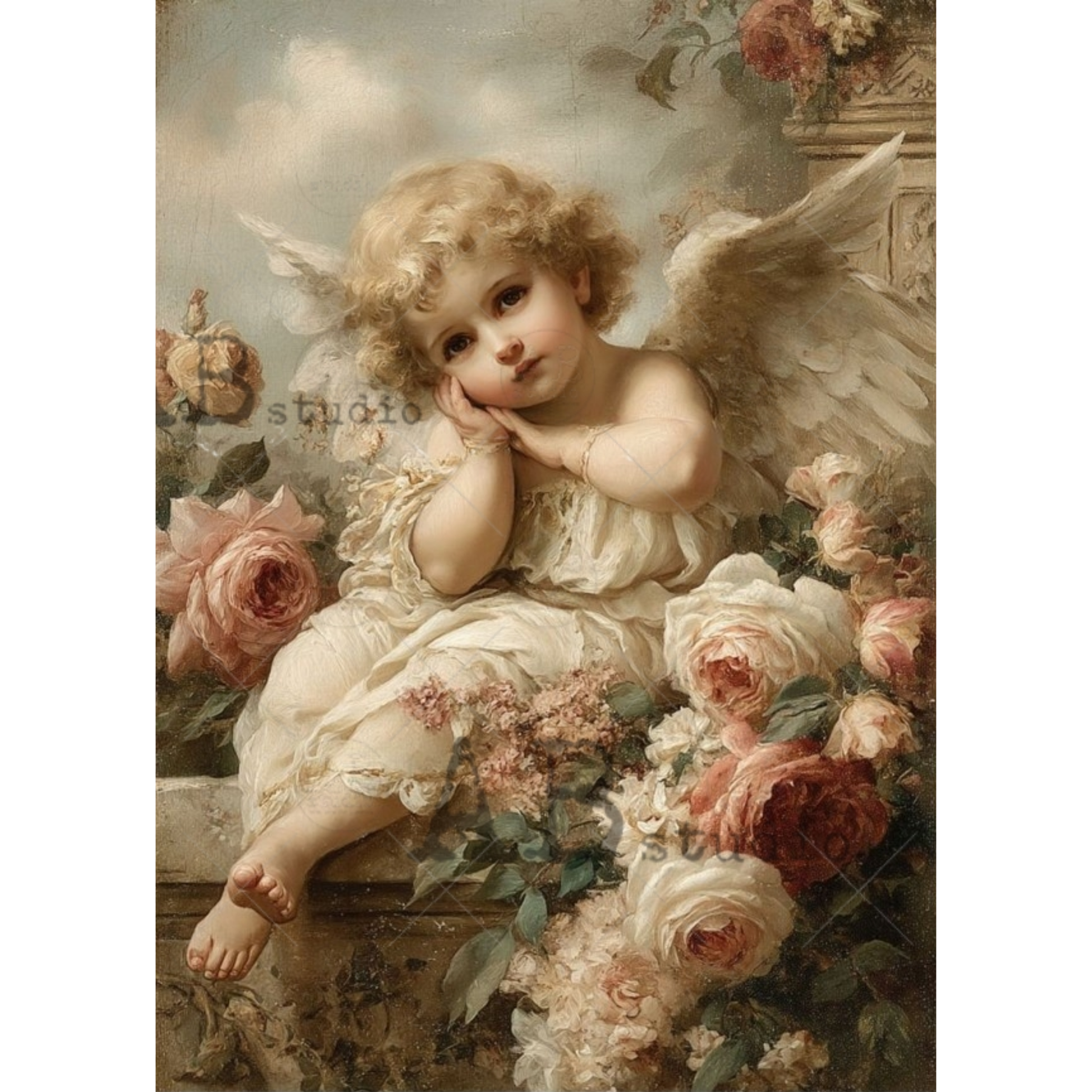 A classical-style painting of a cherub or angel child with curly blond hair, white wings, and a white dress, seated among large pink and white roses. 