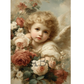 Vintage-style portrait of a curly-haired angelic child surrounded by soft pink, cream, and white roses, with pale wings and a muted blue-gray sky background. 