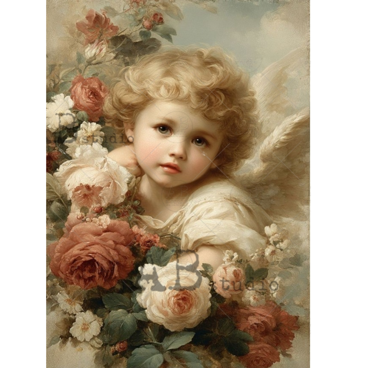 Vintage-style portrait of a curly-haired angelic child surrounded by soft pink, cream, and white roses, with pale wings and a muted blue-gray sky background. 
