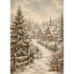 A vintage-style winter village scene showing snow-covered evergreen trees, rustic cabins, a lit streetlamp, and a winding path under a cloudy sky. The artwork has a warm sepia-toned palette.