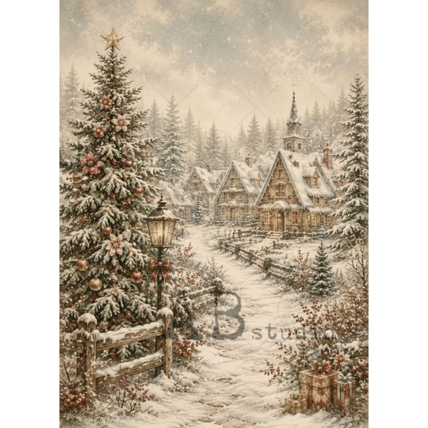 A vintage-style winter village scene showing snow-covered evergreen trees, rustic cabins, a lit streetlamp, and a winding path under a cloudy sky. The artwork has a warm sepia-toned palette.