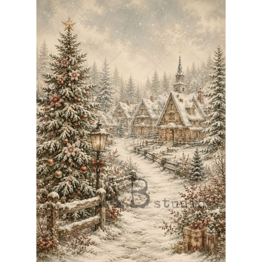 A vintage-style winter village scene showing snow-covered evergreen trees, rustic cabins, a lit streetlamp, and a winding path under a cloudy sky. The artwork has a warm sepia-toned palette.