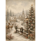 A vintage-style winter village scene with snow-covered houses, evergreen trees, a decorated Christmas tree, a lamppost, fence wreaths, and two deer in the foreground. 