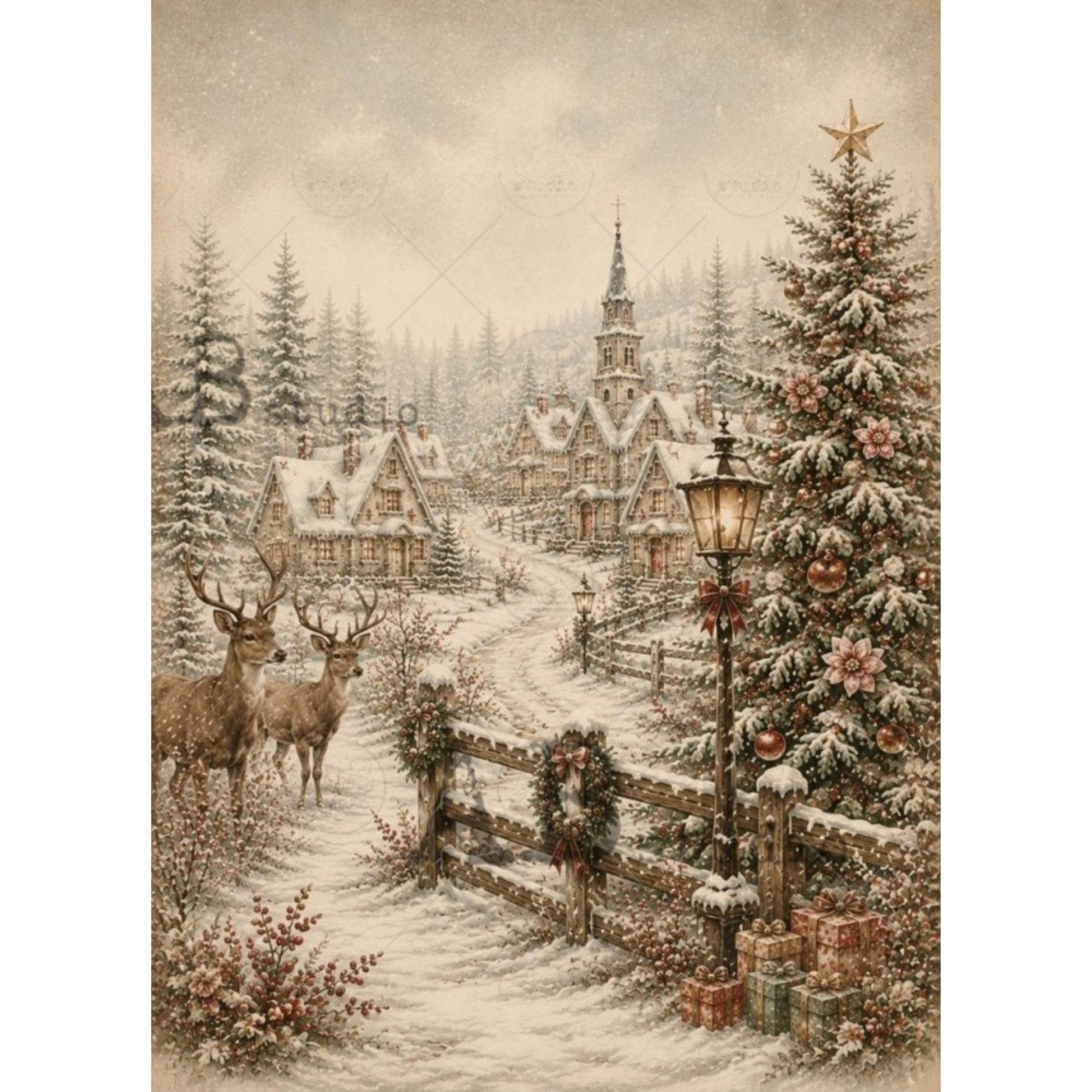 A vintage-style winter village scene with snow-covered houses, evergreen trees, a decorated Christmas tree, a lamppost, fence wreaths, and two deer in the foreground. 