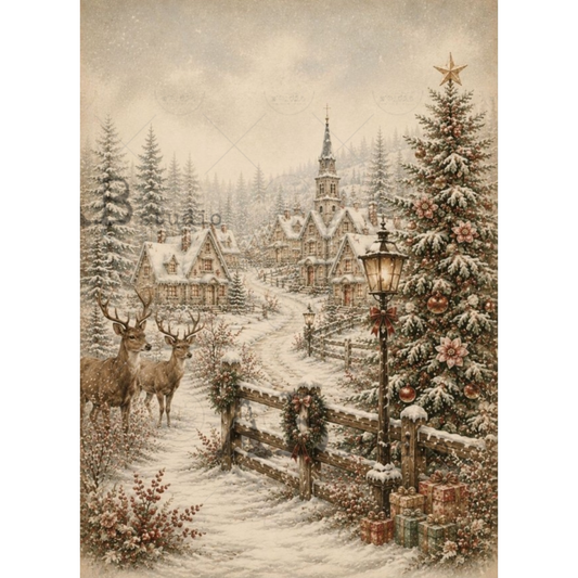 A vintage-style winter village scene with snow-covered houses, evergreen trees, a decorated Christmas tree, a lamppost, fence wreaths, and two deer in the foreground. 