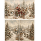 Five vintage-style Christmas illustrations showing snowy village scenes, evergreen trees, houses, and Santa Claus with children. The artwork uses muted warm tones with cream, beige, brown, and soft red accents.