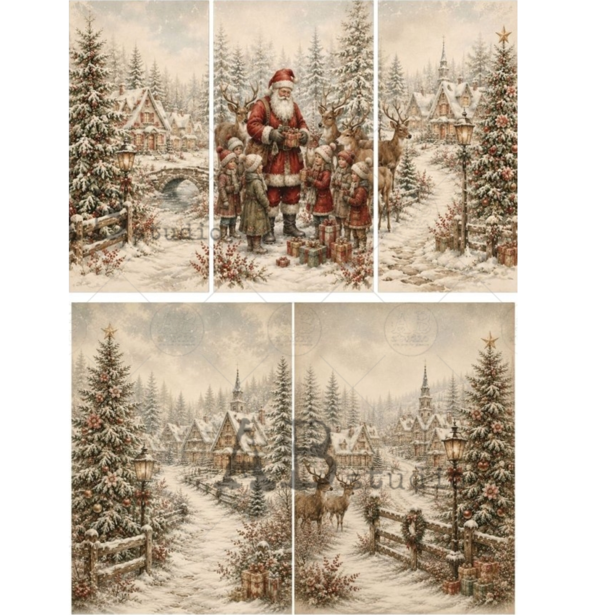 Five vintage-style Christmas illustrations showing snowy village scenes, evergreen trees, houses, and Santa Claus with children. The artwork uses muted warm tones with cream, beige, brown, and soft red accents.