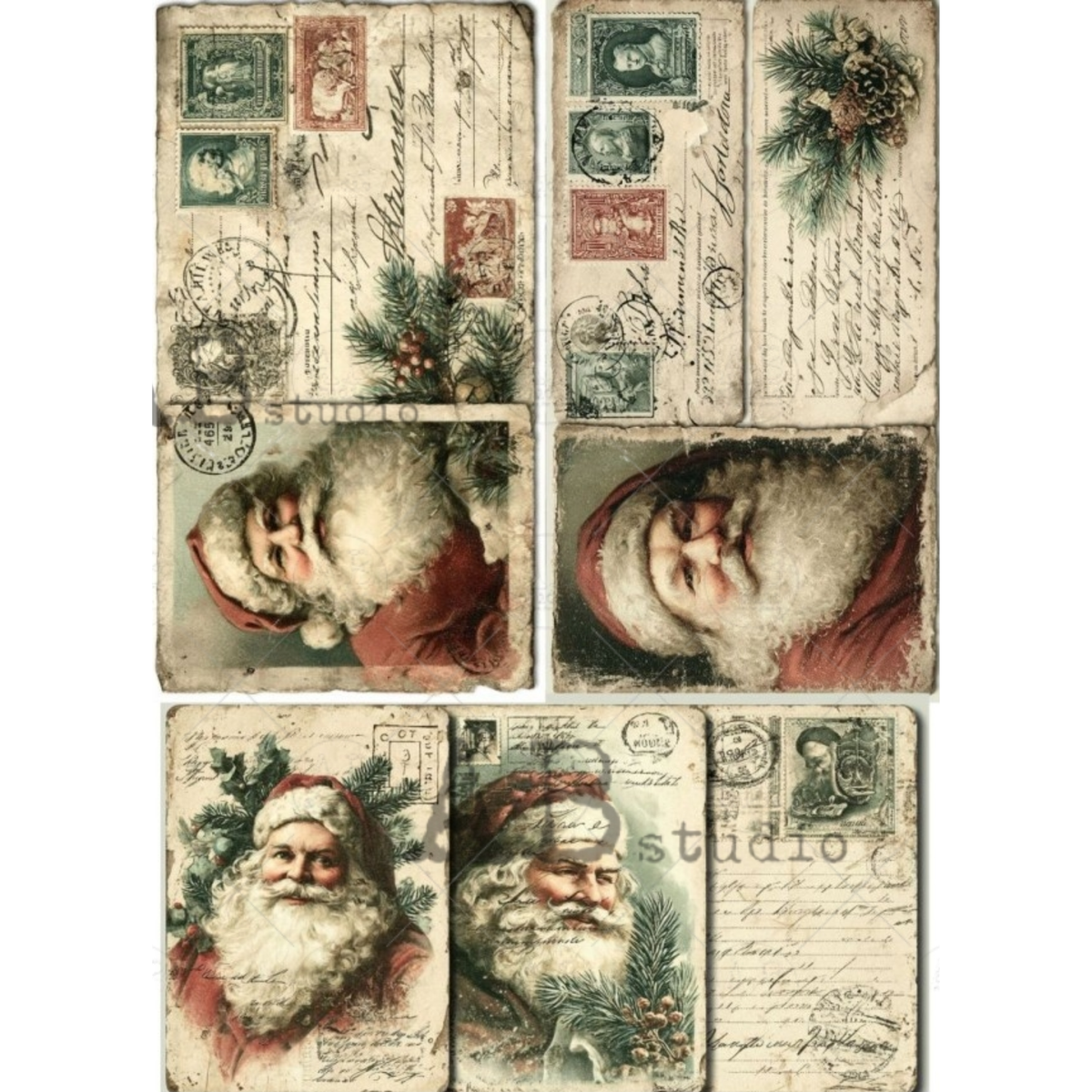 Six vintage Christmas postcard designs featuring Santa Claus, with stamps, handwritten letters, and pine branches on an aged cream background.