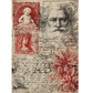Vintage-style image featuring a sepia-toned handwritten letter background with red illustrated cherub and floral motifs, plus a large grayscale portrait of Santa and postmark details.