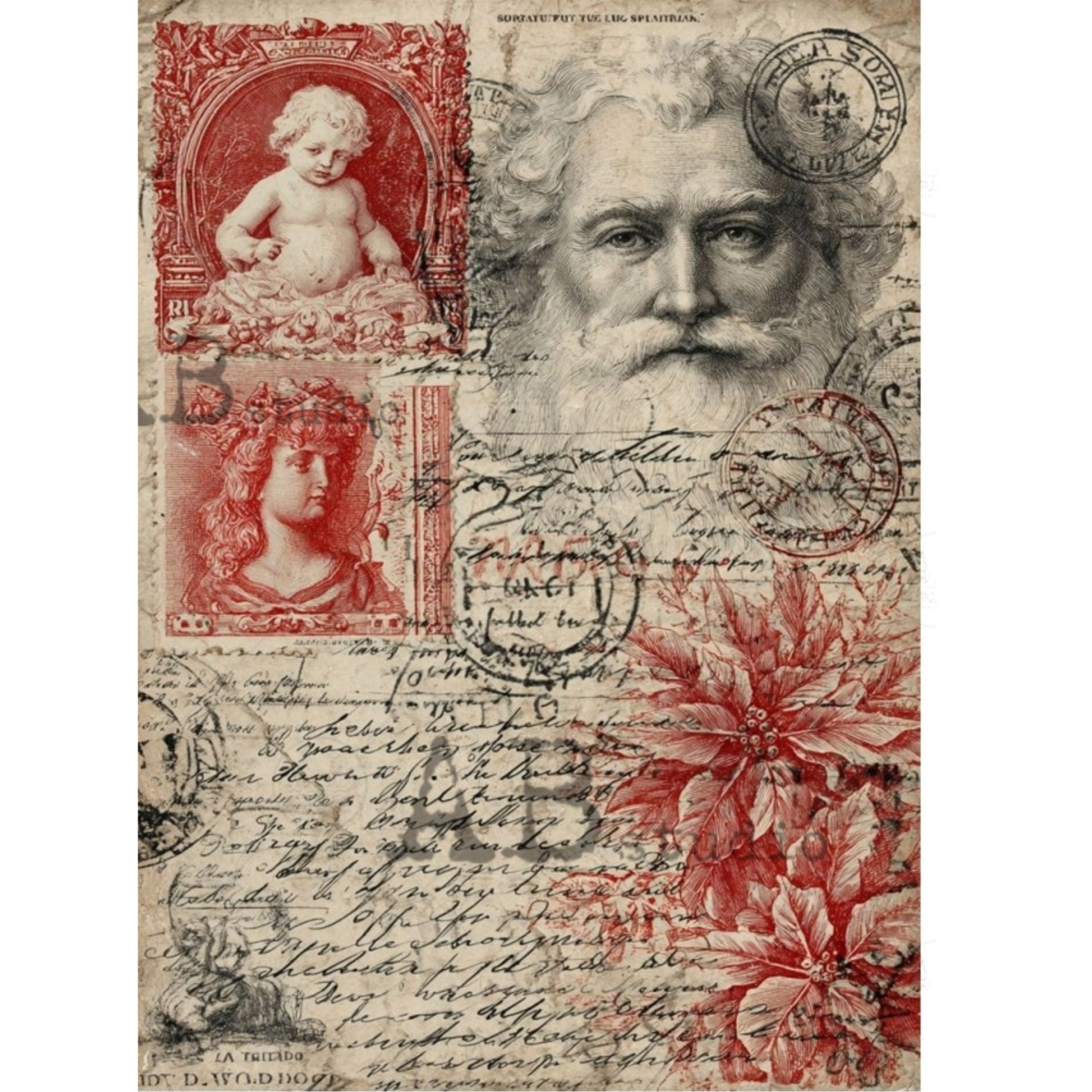 Vintage-style image featuring a sepia-toned handwritten letter background with red illustrated cherub and floral motifs, plus a large grayscale portrait of Santa and postmark details.