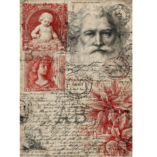 Vintage-style image featuring a sepia-toned handwritten letter background with red illustrated cherub and floral motifs, plus a large grayscale portrait of Santa and postmark details.