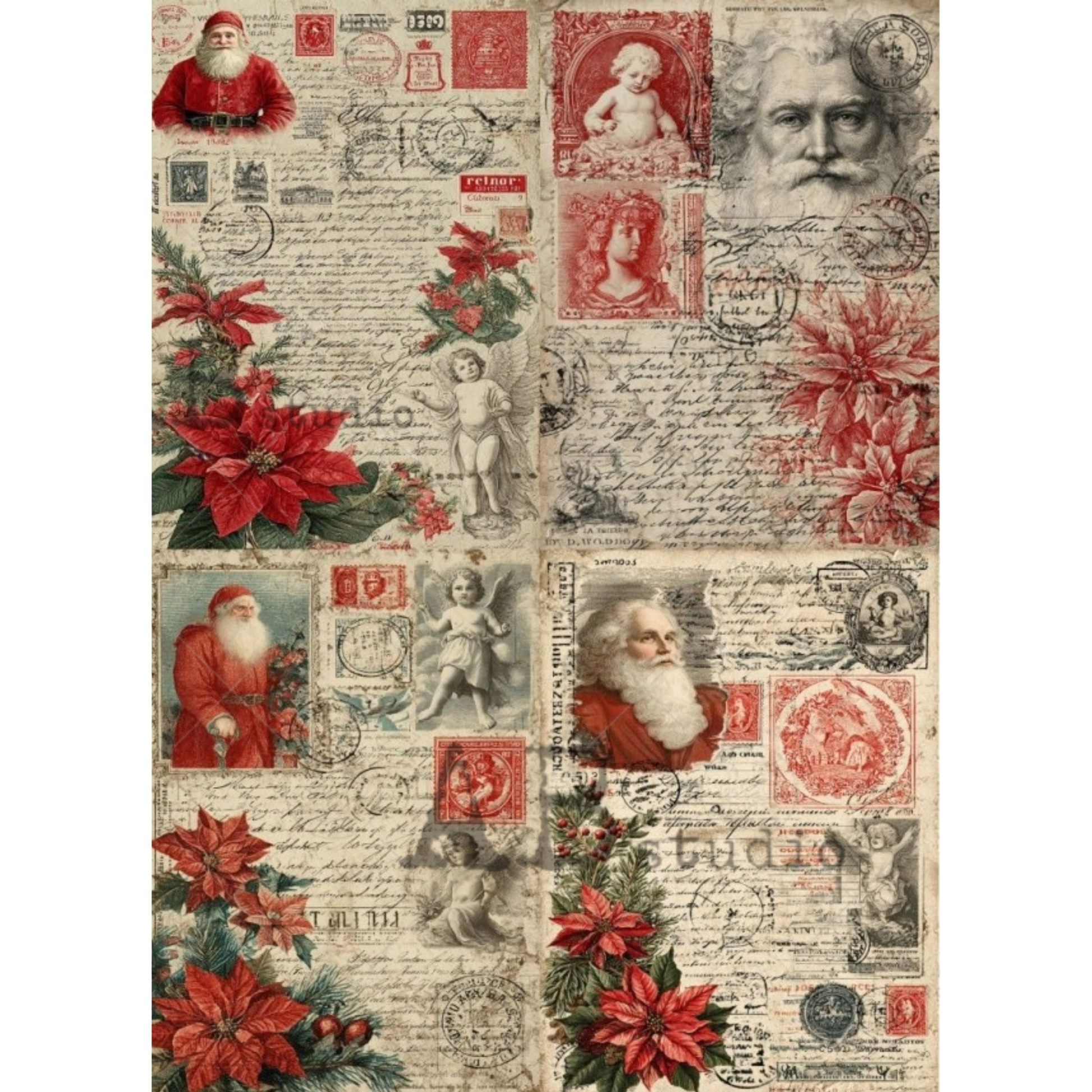 A vintage-style Christmas 4 image sheet featuring red poinsettias, Santa Claus portraits, cherub illustrations, postage stamps, and handwritten script on an aged cream background.