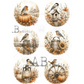 A set of six circular autumn-themed illustrations featuring birds, pumpkins, sunflowers, a lantern, a birdhouse, a wagon wheel, and rustic fence posts.