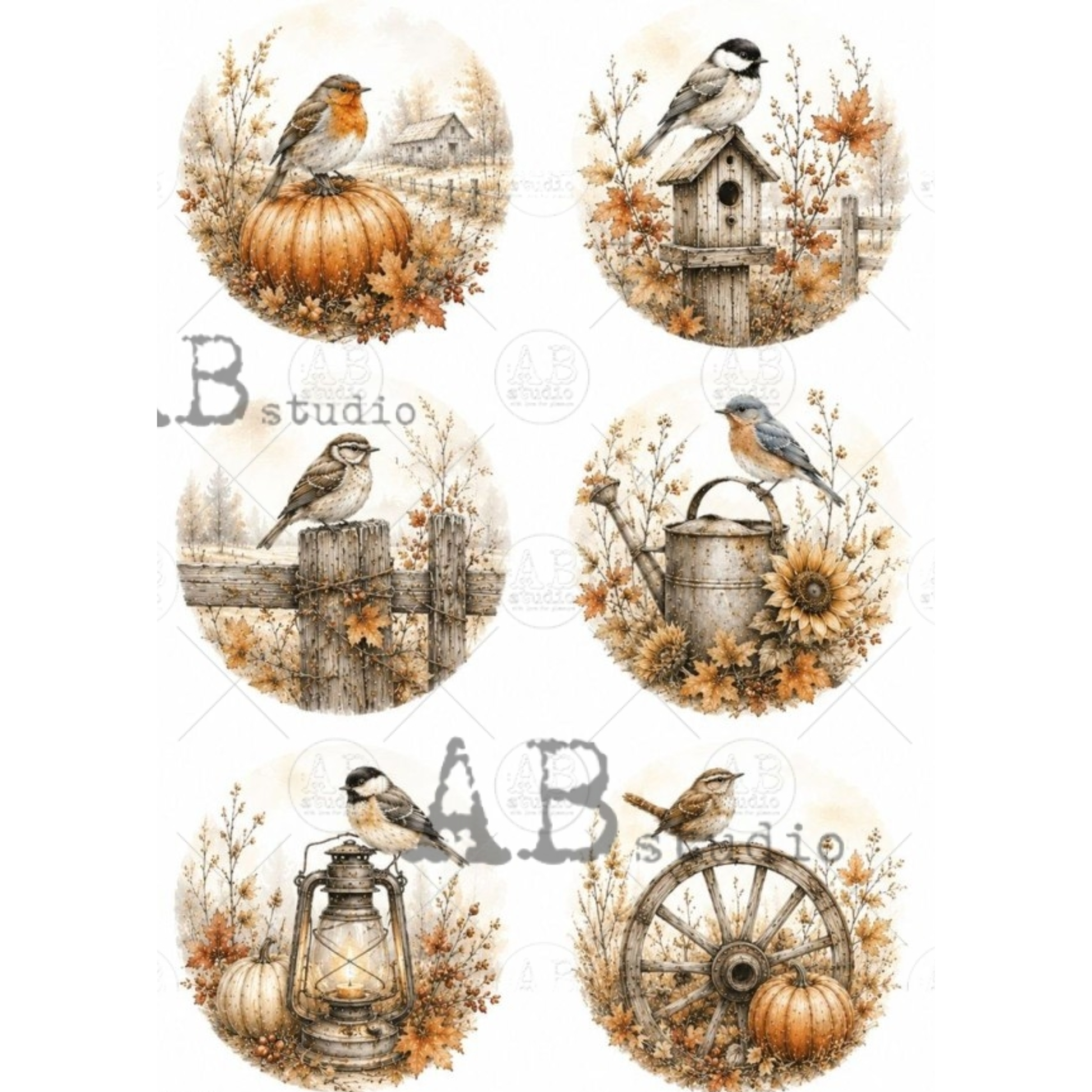 A set of six circular autumn-themed illustrations featuring birds, pumpkins, sunflowers, a lantern, a birdhouse, a wagon wheel, and rustic fence posts.