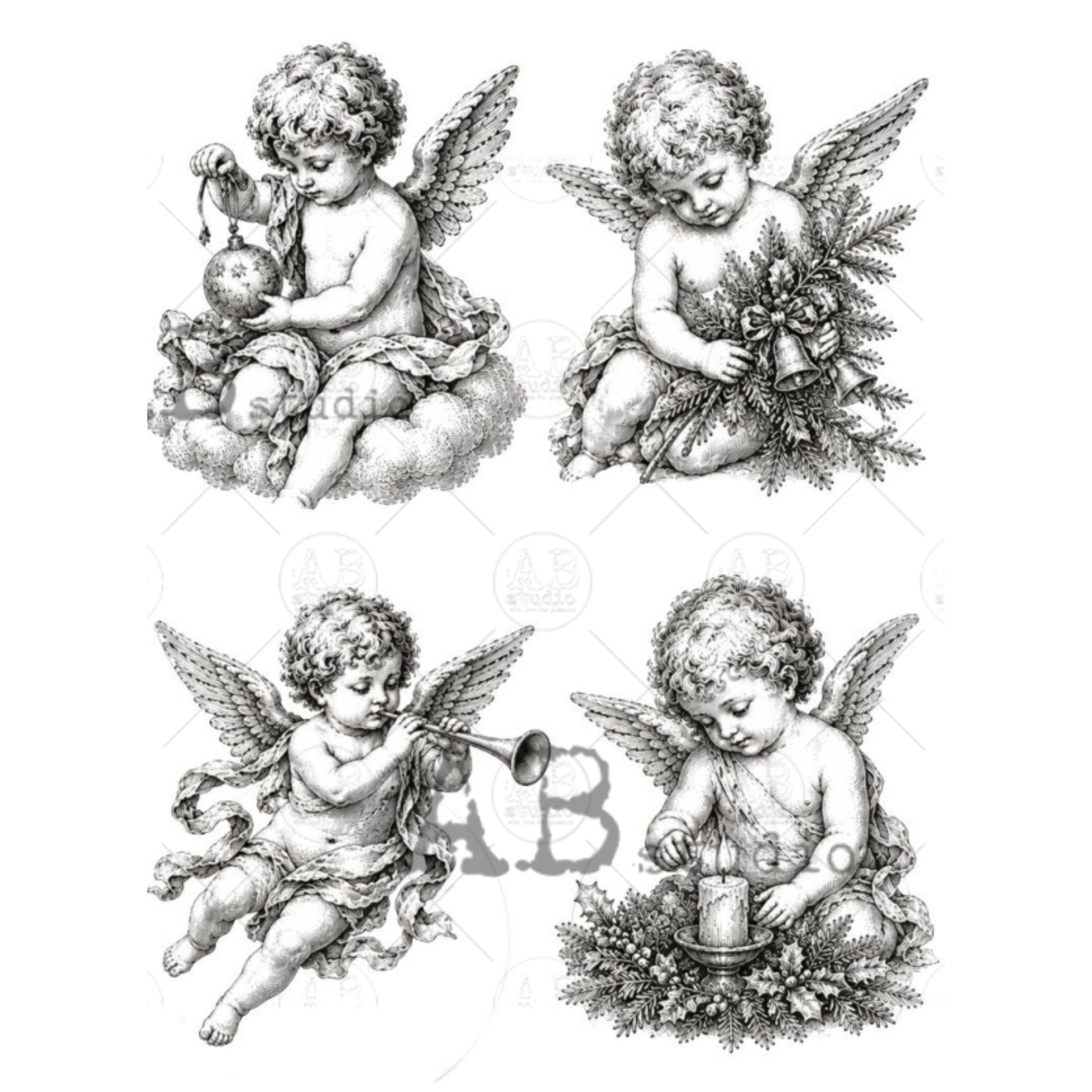 Four black and white  cherub illustrations.