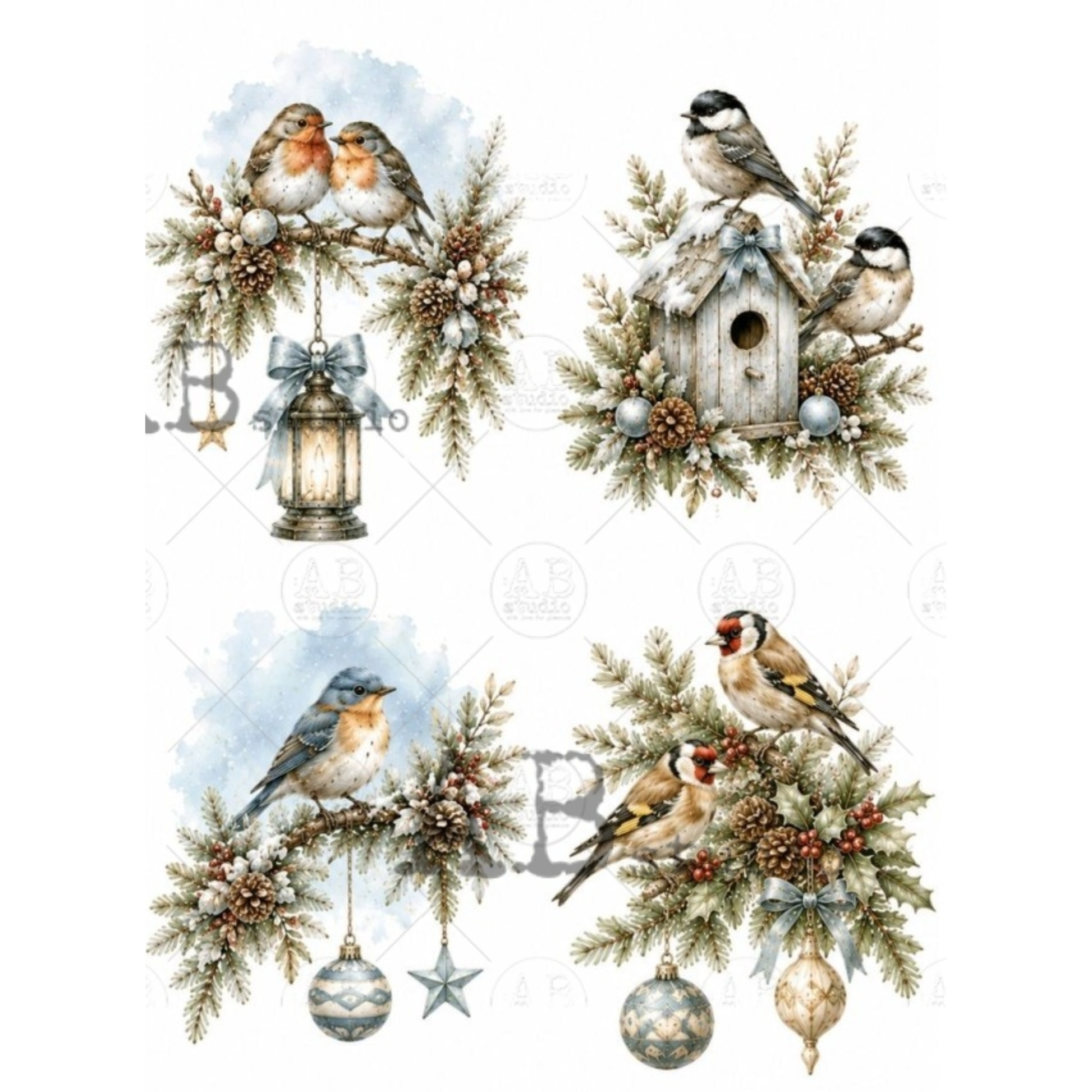 Set of four Christmas bird illustrations on a white background, featuring small birds perched on snowy pine branches with a lantern, a wooden birdhouse, and hanging ornaments.
