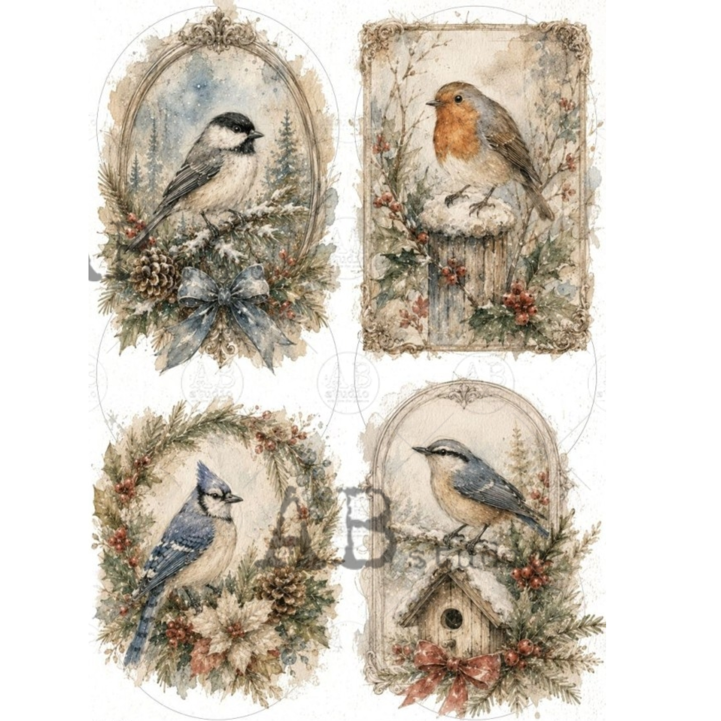 A set of four vintage-style bird illustrations,  including a blackcap in an oval frame, a robin in a distressed rectangular panel, a bluebird in a wreath, and a bluebird perched above a small birdhouse.