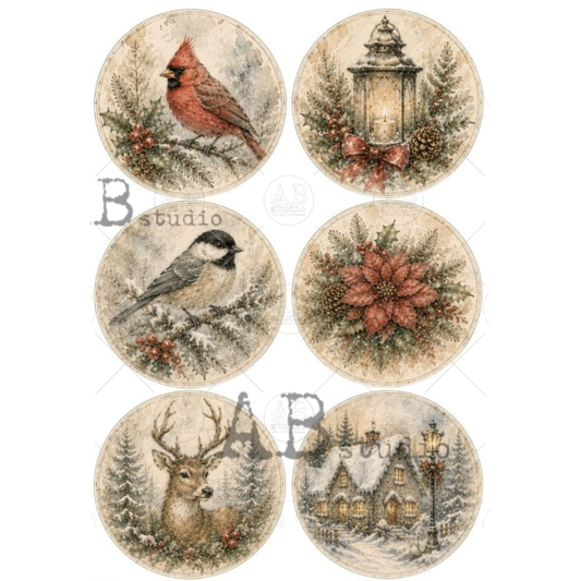 Six round vintage-style holiday illustrations, featuring a cardinal, lantern, bird, poinsettia, deer, and snowy cottage scene. 