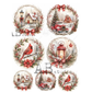 A sheet of seven circular Christmas-themed watercolor designs featuring winter cottages, red trucks, cardinals, wreaths, lanterns, and red bows on a white background.