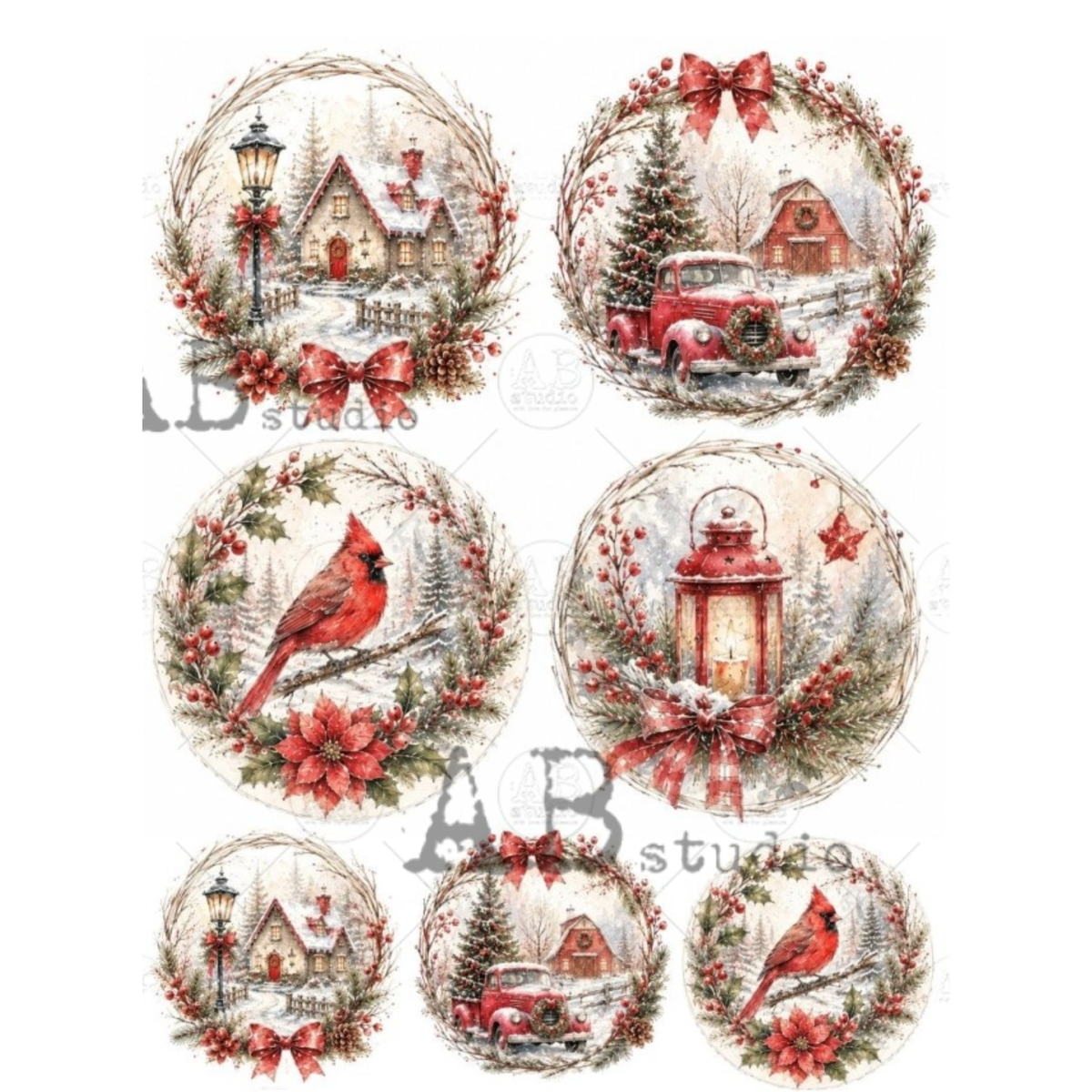 A sheet of seven circular Christmas-themed watercolor designs featuring winter cottages, red trucks, cardinals, wreaths, lanterns, and red bows on a white background.