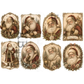 A set of eight vintage-style Christmas illustrations featuring Santa Claus in different poses, each framed in an ornate border with wreaths, flowers, and holiday motifs.