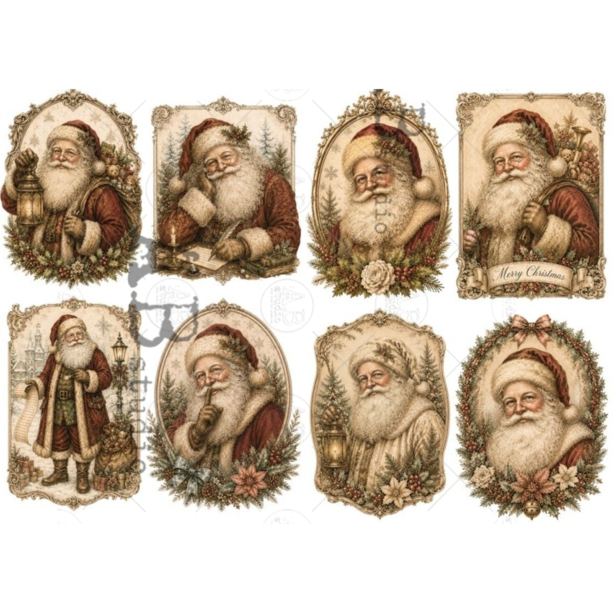 A set of eight vintage-style Christmas illustrations featuring Santa Claus in different poses, each framed in an ornate border with wreaths, flowers, and holiday motifs.