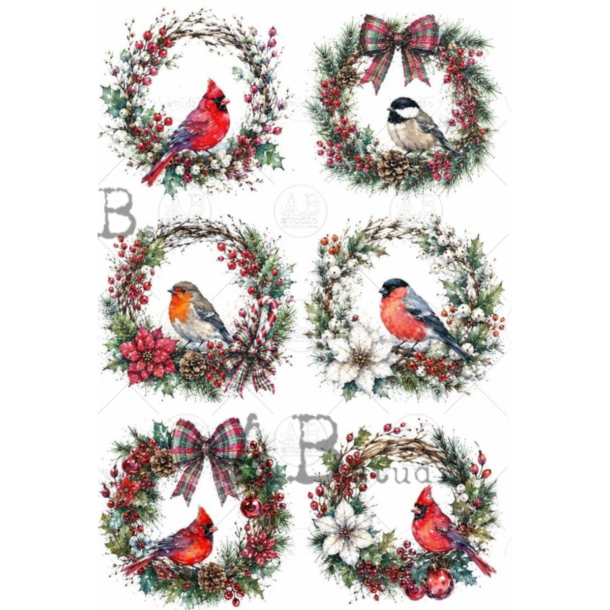 Six Christmas wreath designs, each featuring different birds such as cardinals, a chickadee, a robin, and a bullfinch, with bows, berries, pinecones, and floral details.