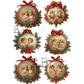 SIx illustrated ornament round designs with pairs of cherubs framed iwith red holly berries and ribbons.
