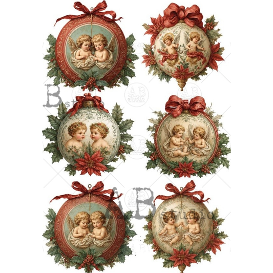 SIx illustrated ornament round designs with pairs of cherubs framed iwith red holly berries and ribbons.