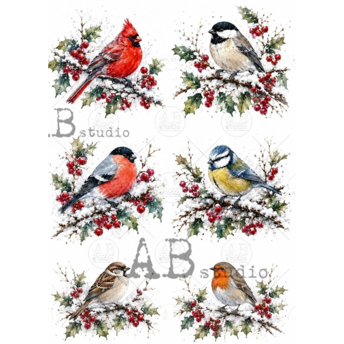 Six watercolor bird illustrations on a white background, each bird perched on a snowy branch with red berries and holly leaves. 
