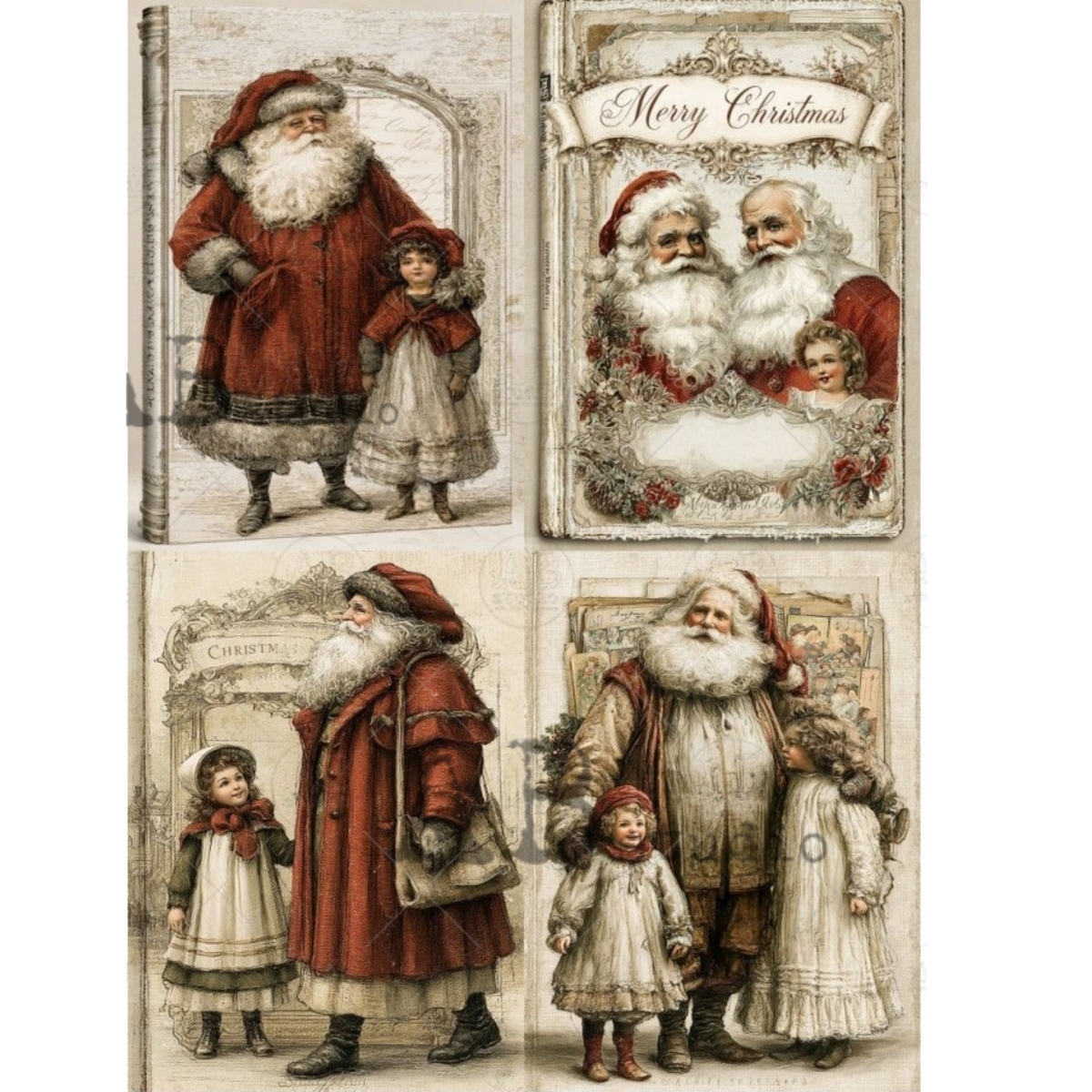 Vintage Christmas images featuring Santa Claus and children in four illustrated panels with ornate borders.