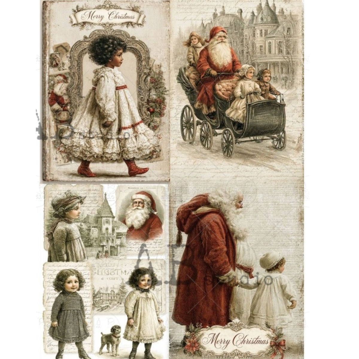 Vintage Christmas image featuring multiple antique illustrations of Santa Claus, children, and holiday scenes with faded parchment textures and 'Merry Christmas' banners.