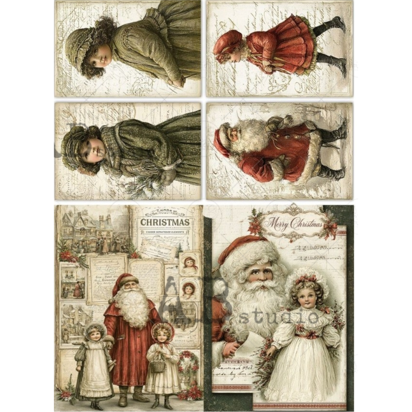 Six vintage Christmas-themed illustrations featuring Santa Claus, children, and holiday scenes on an off-white background.