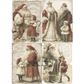 Four vintage Christmas illustrations featuring Santa Claus, a young girl, and two regal figures, styled like aged antique postcards with faded text and warm sepia tones.