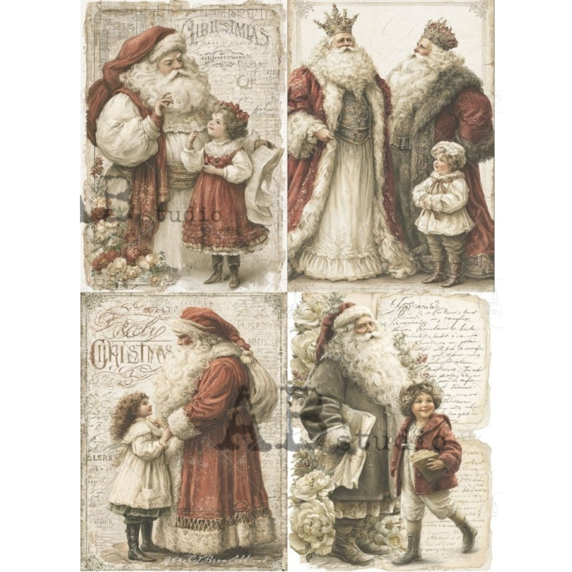 Four vintage Christmas illustrations featuring Santa Claus, a young girl, and two regal figures, styled like aged antique postcards with faded text and warm sepia tones.