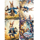 Illustrations of a rabbit character in various scenes with Alice in Wonderland elements.