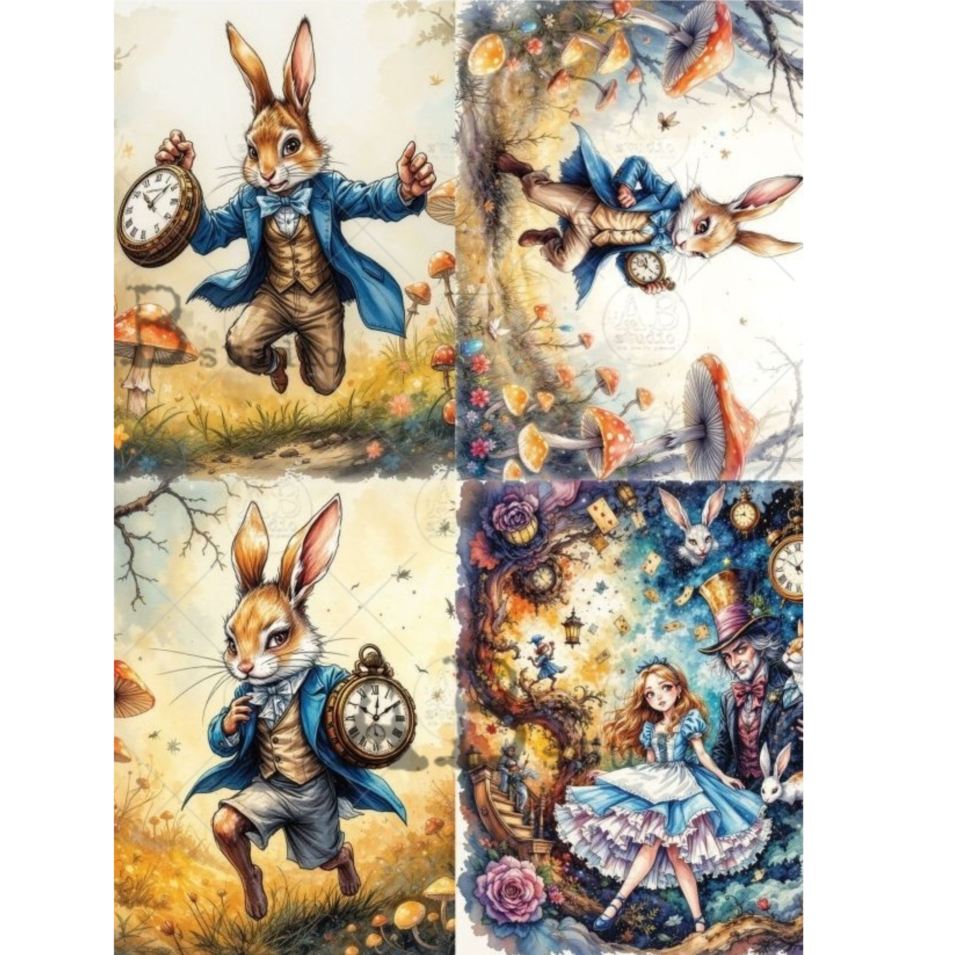 Illustrations of a rabbit character in various scenes with Alice in Wonderland elements.