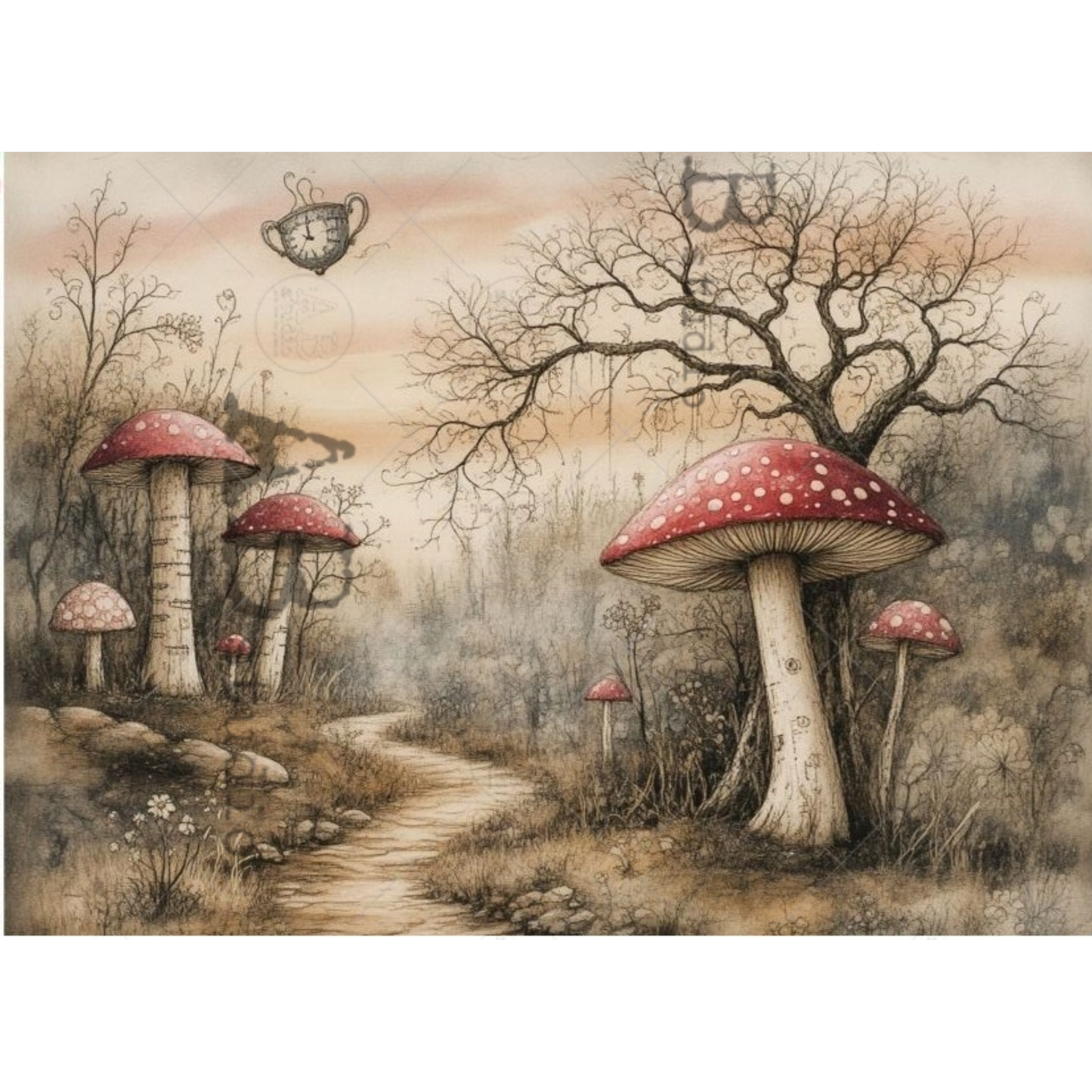 Fantasy forest scene with red mushrooms and a winding path.
