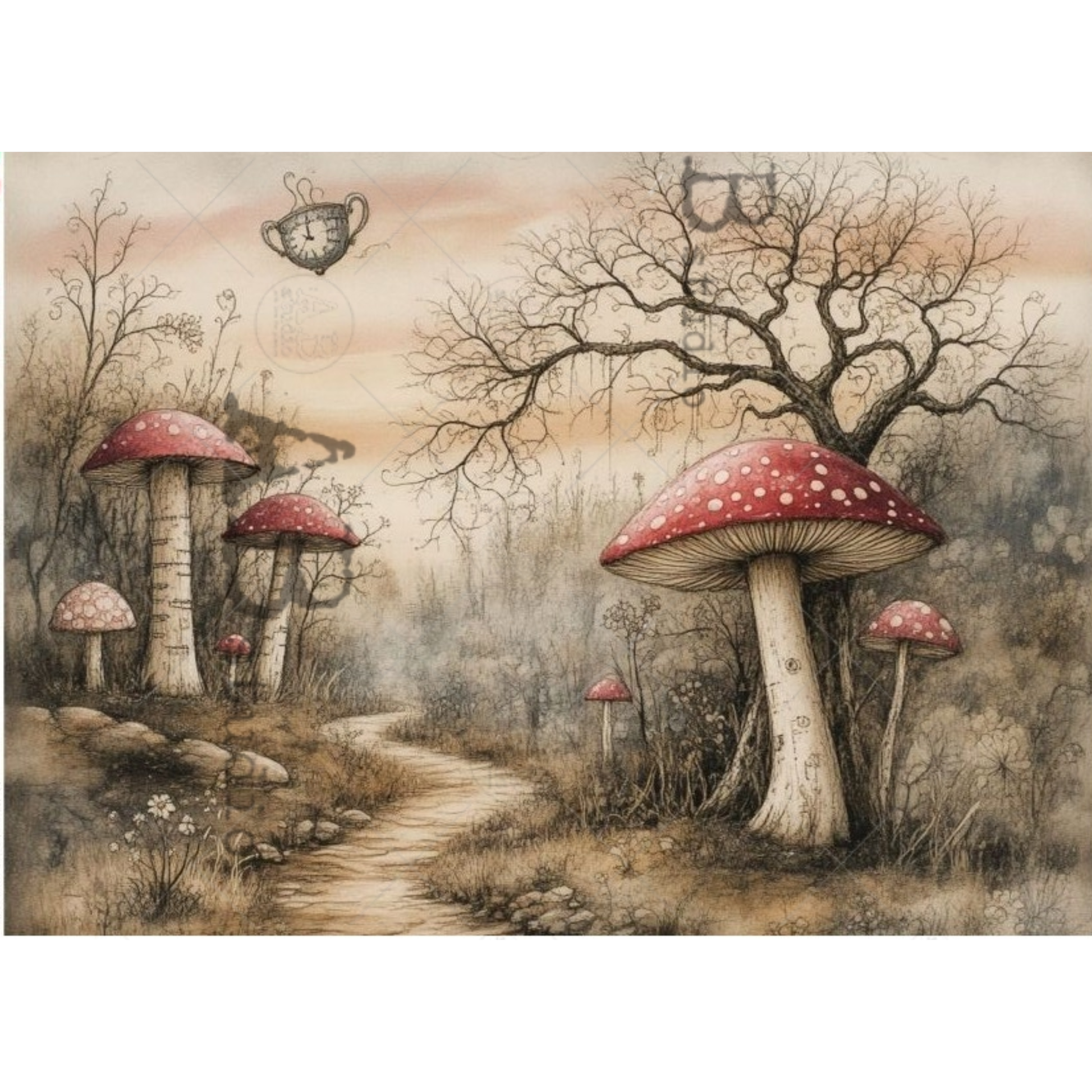 Fantasy forest scene with red mushrooms and a winding path.