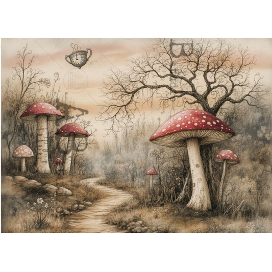 Fantasy forest scene with red mushrooms and a winding path.