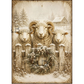 Sepia toned illustration of three rams on a snowy farm behind a wreath decoarted fence.