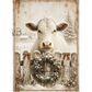 Illustration of white cow behind a white snowy fence with a decoarated wreath in muted tones of cream, green and red.