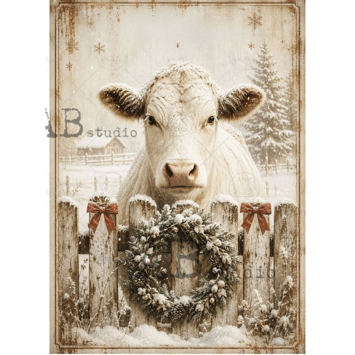Illustration of white cow behind a white snowy fence with a decoarated wreath in muted tones of cream, green and red.