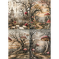 A four-panel collage of whimsical fantasy forest scenes with bare trees, red-and-white mushrooms, hanging lanterns, and a misty path. 