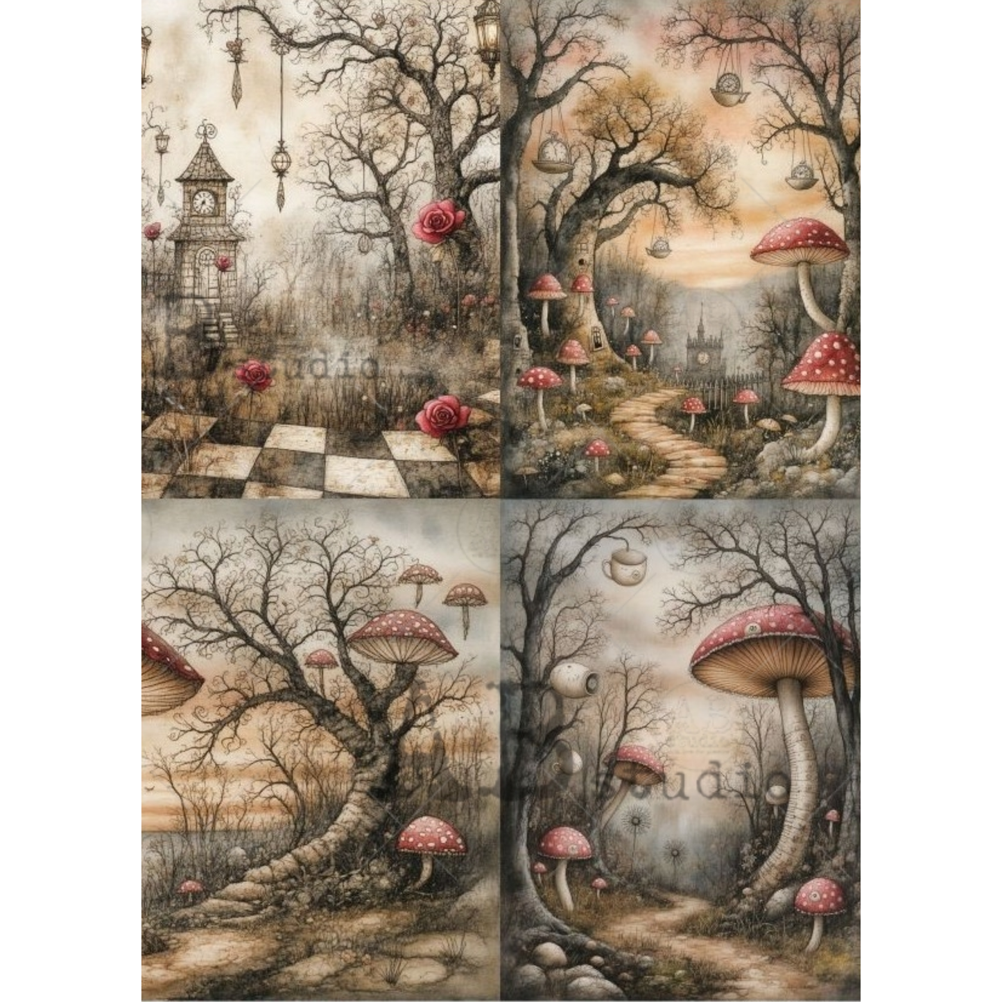 A four-panel collage of whimsical fantasy forest scenes with bare trees, red-and-white mushrooms, hanging lanterns, and a misty path. 