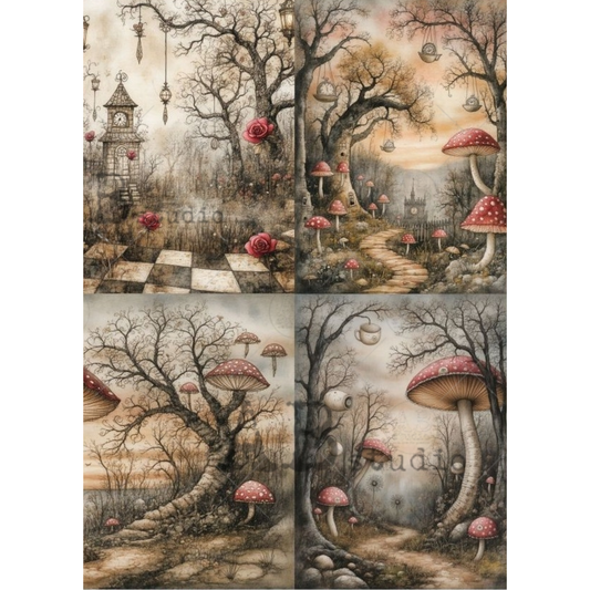 A four-panel collage of whimsical fantasy forest scenes with bare trees, red-and-white mushrooms, hanging lanterns, and a misty path. 