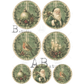 Seven ornament round designs featuring birds, candles and santa against a green background with Merry Christmas printed at the top.